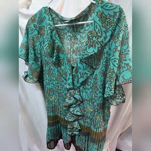 dressbarn Teal and Brown Floral Blouse